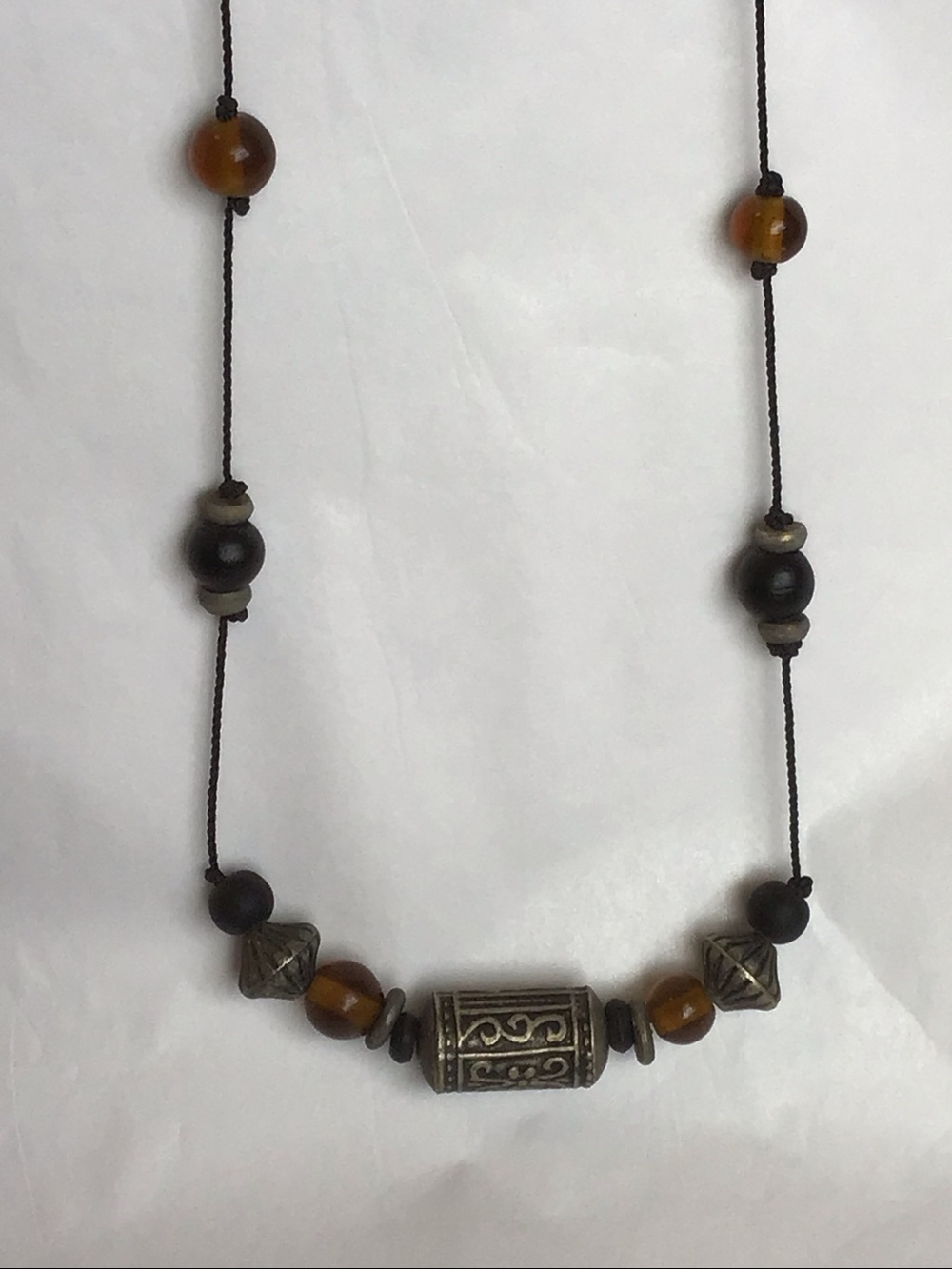 Beaded Drop Necklace, silver tone/black/brown/milky white beads, approx 22 1/2”